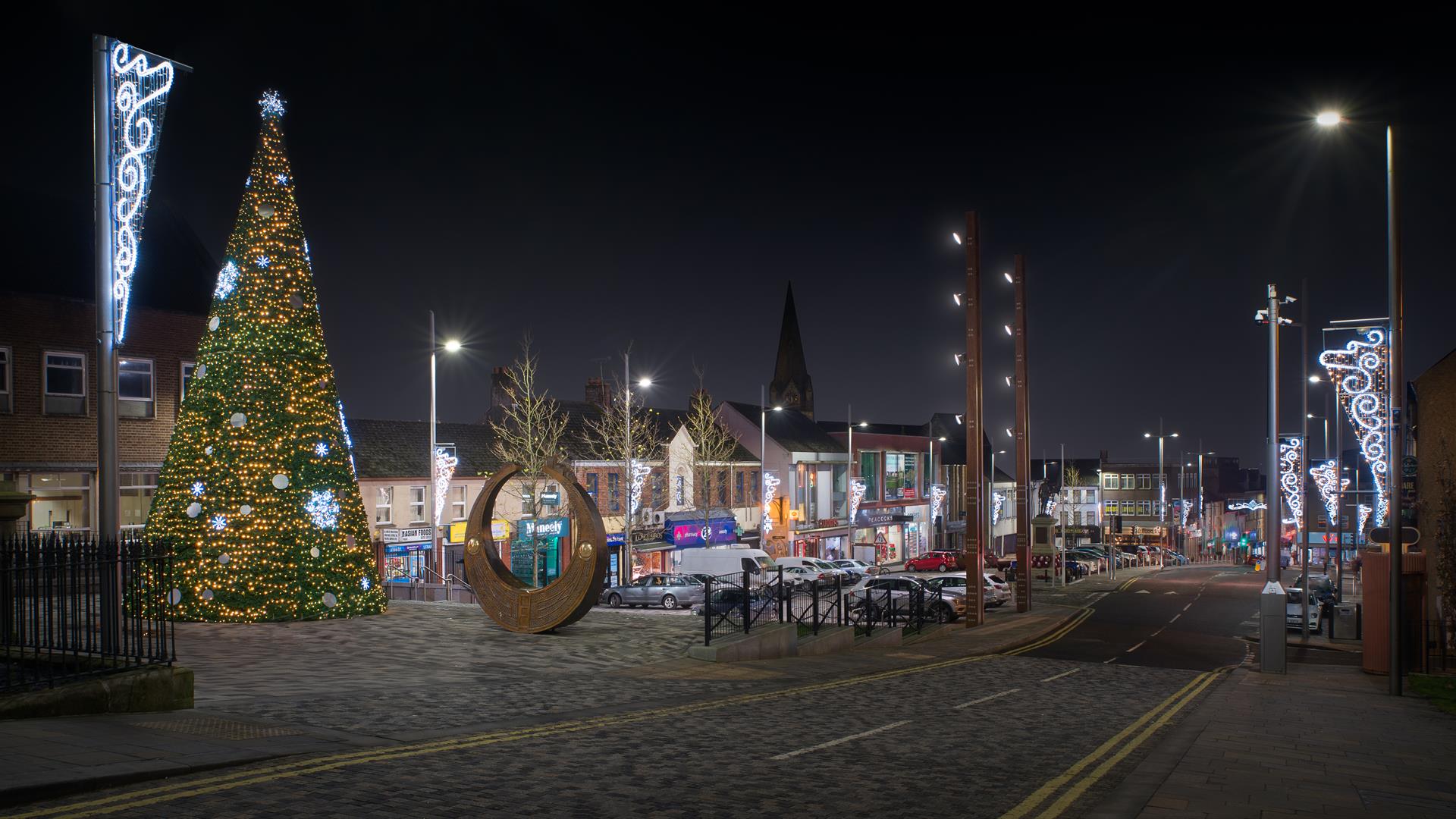 Market Square in Dungannon pictured at night with Christmas tree and lights