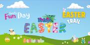 Cartoon sky and hill with Easter eggs, chicks, lambs and bunny rabbits