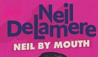 A Picture of Neil Delamere written in purple lettering