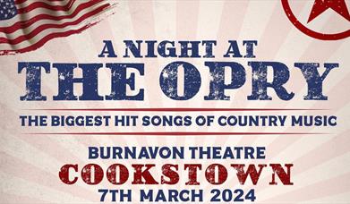 A poster with a night at the opry written in blue and red lettering with an American flag in the corner