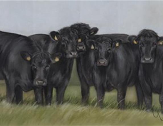 A pastel painting of a herd of cows