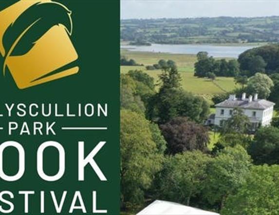 Drone image of Ballyscullion house with Ballyscullion Park Book Festival written on a green background