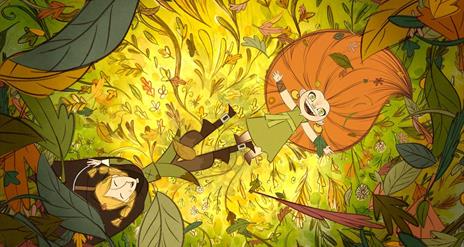 Image of two cartoon people lying on leaves
