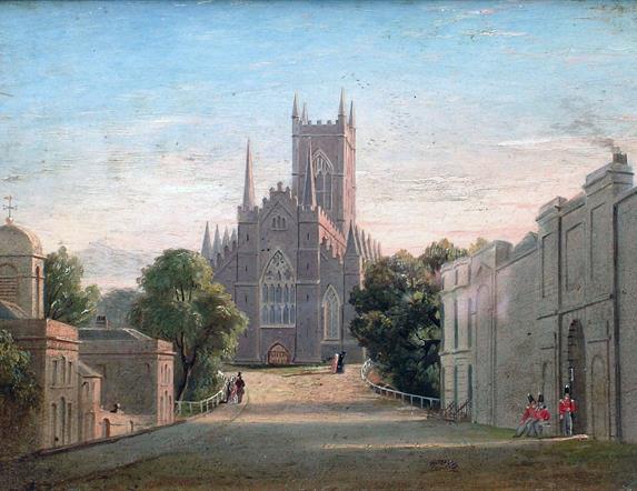 Painting in oils of The Mall, Downpatrick by James Glen Wilson looking towards Down Cathedral