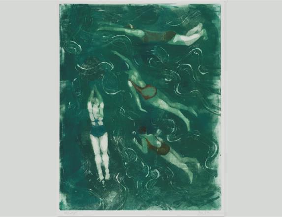 A monotype print by Sara Brown of ladies swimming. It can be seen in the forthcoming exhibition "Connections" at Down Arts Centre from 10 April - 3 Ma