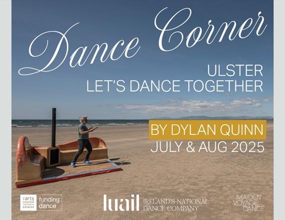 An image of Dylan dancing on his purpose built dance corner, on a sandy beach with the tide on the horizon.