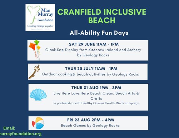 Text promoting fun days at Cranfield Beach with Mae Murray Foundation. 29.06, 25,07, 01.07 and 23.08.