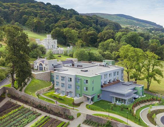 Aerial view of Killeavy Castle Estate. A luxury Hotel Spa destination in Newry, Northern Ireland.