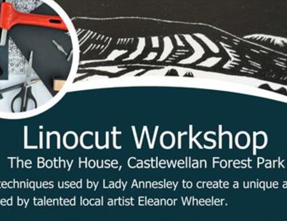 Poster promoting Linocut Workshop in Castlewellan Forest Park.