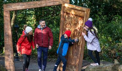 A family of four coming walking through the wardrobe in Narnia at Kilbroney Park.