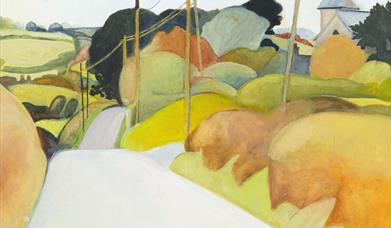 Road from Raholp by Catriona Clarke, a landscape painting showing stylised trees and hedgerows in yellows and oranges and dark greys, next to a white