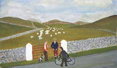 Painting of three men talking next to a gate, with a field of sheep in the background
