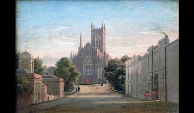 Painting in oils of The Mall, Downpatrick by James Glen Wilson looking towards Down Cathedral