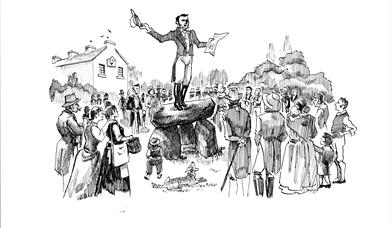 A modern pen and ink drawing showing Thomas Russell making a public address