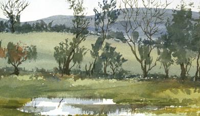 A section of Dympna Kearns' watercolour, Flooded Field, October (1990), showing trees located in a flooded field in Rosconnor