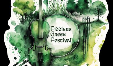 Watercolour-style logo for Fiddler's Green Festival featuring a green violin, trees.