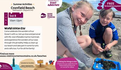 Poster promoting World Ocean Day on Sat 8 June from 10am-12pm at Cranfield Beach. Two children looking through a tray of shells and seaweed found on t