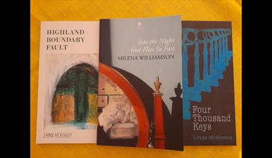 covers of Highland Boundary Fault, Into the Night that Flies so fast and Four Thousand Keys, side by side