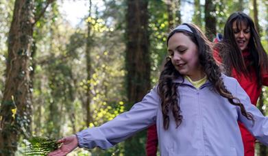A girl walking through the forest and running her hands over the ferns along the path.
