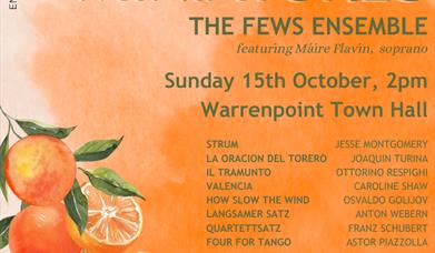 Image of an orange with text reading: Miniatures, The Fews Ensemble. Sunday 15th October, 2pm.