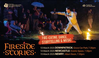 A poster promoting the Fireside Stories event in Newry, Newcastle and Downpatrick this March.