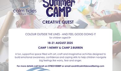 Poster with details about a summer camp in county down in August 2026 with a background of art and craft activities