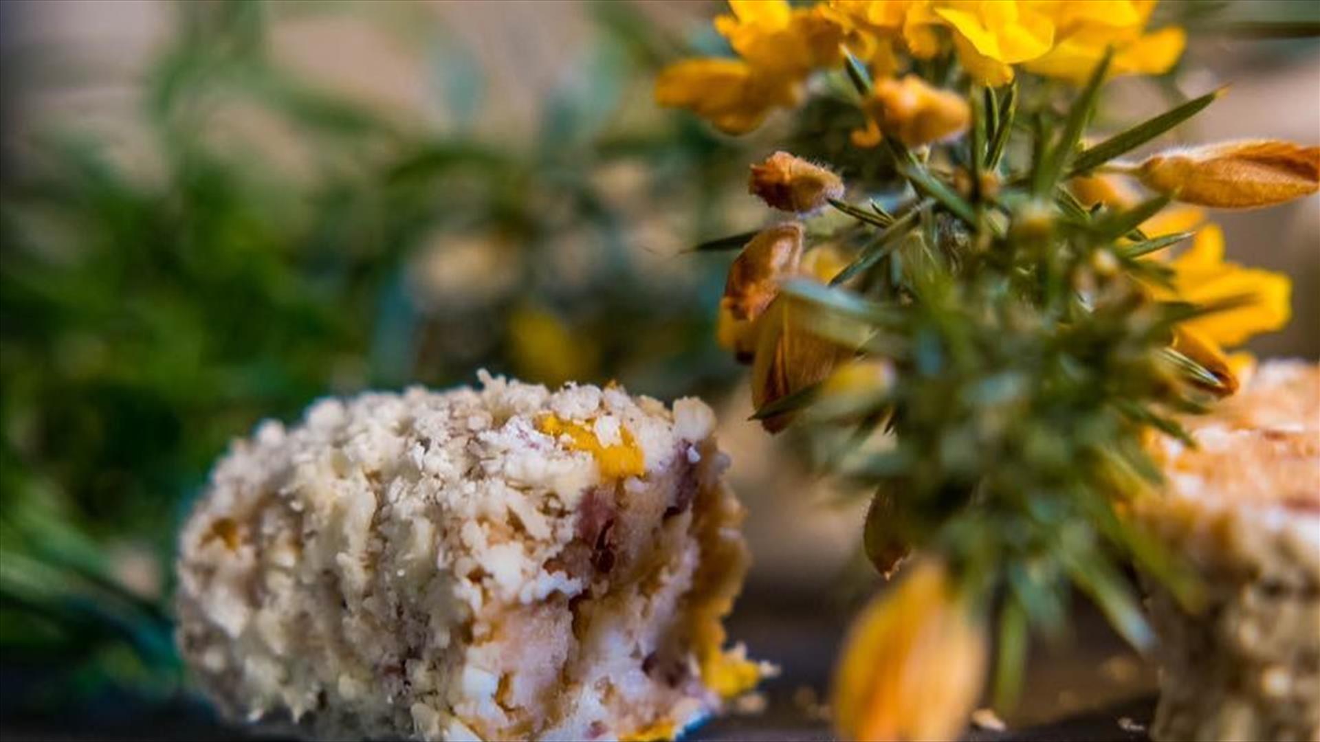 A pictures of a homemade fifteen from Mourne Food Adventures.  The fifteen is made using local whin (which is yellow in colour), sourced from the Mour