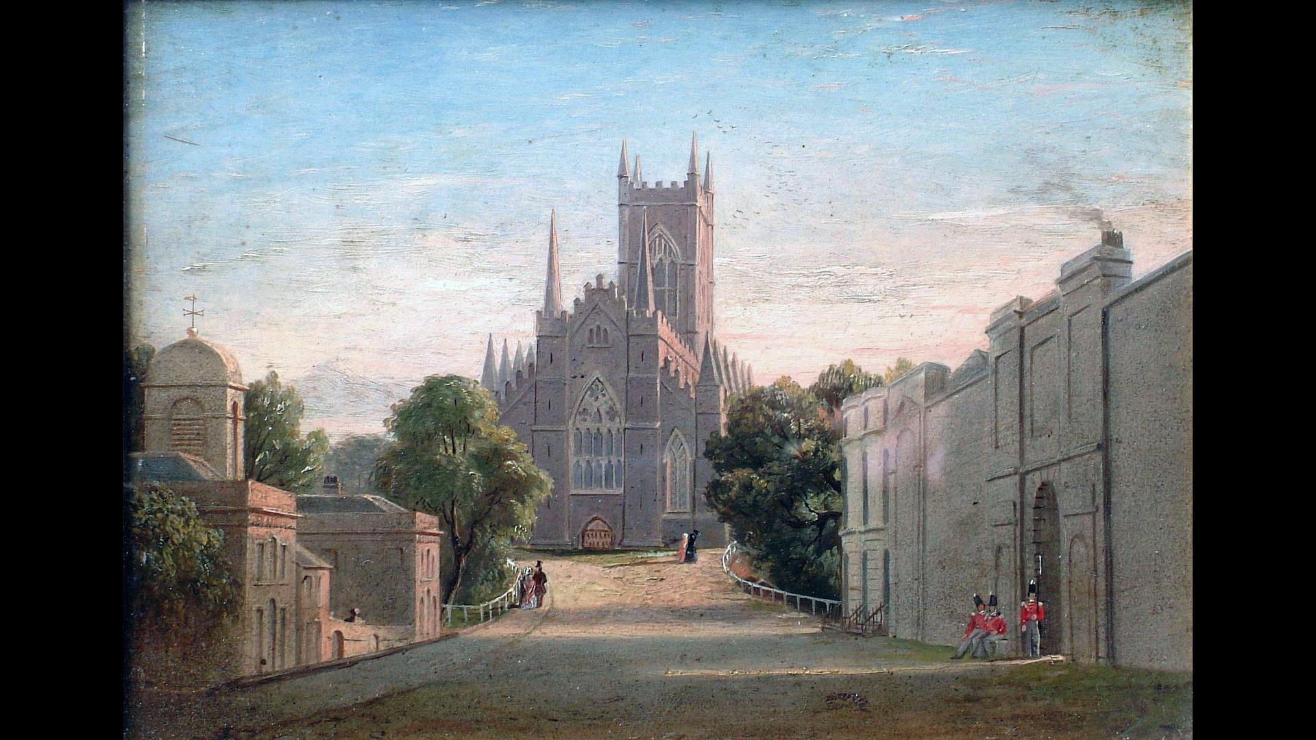 Painting in oils of The Mall, Downpatrick by James Glen Wilson looking towards Down Cathedral
