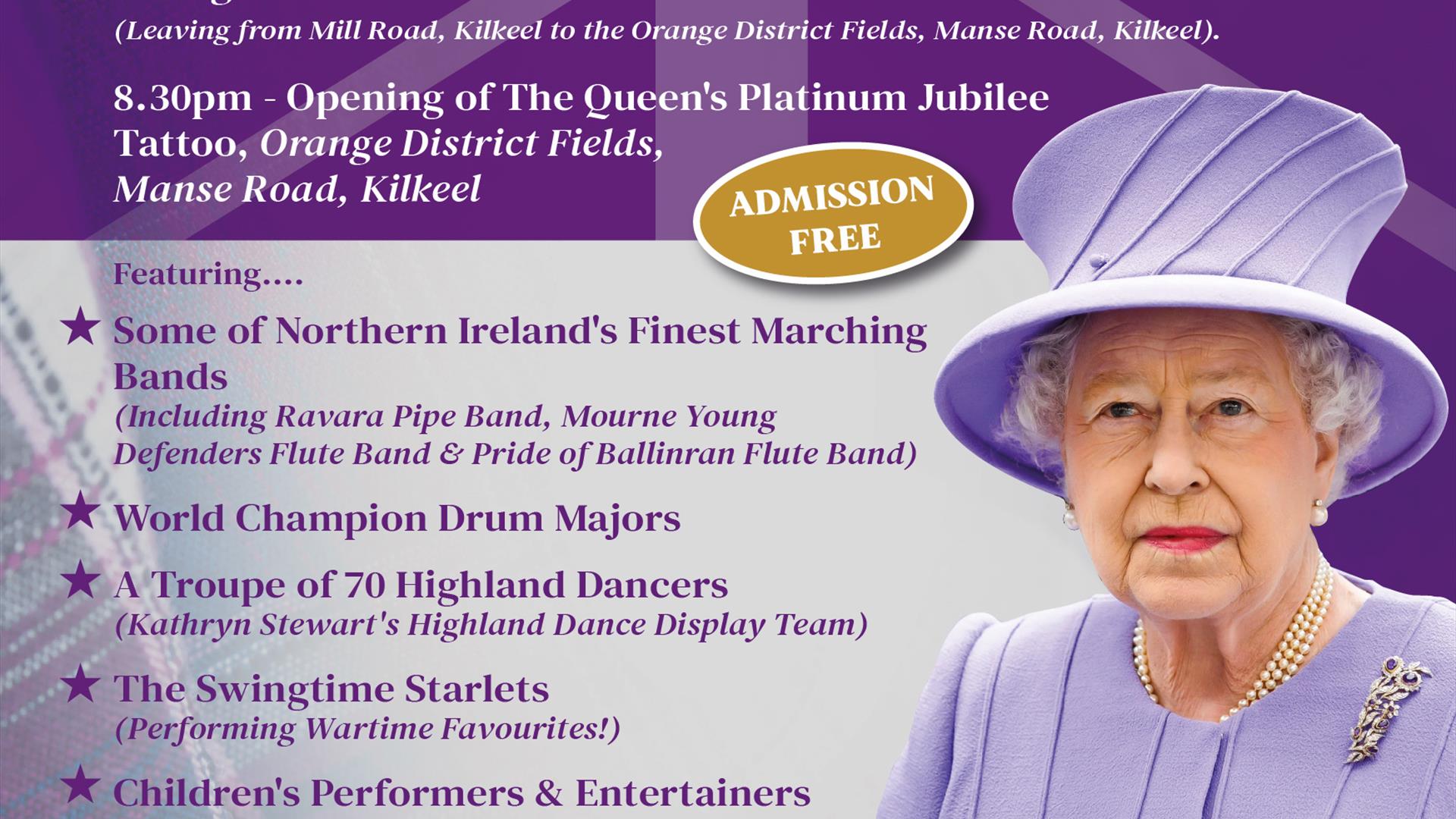 Poster with information for The Queen's Platinum Jubilee Tattoo and Parade taking place in Kilkeel