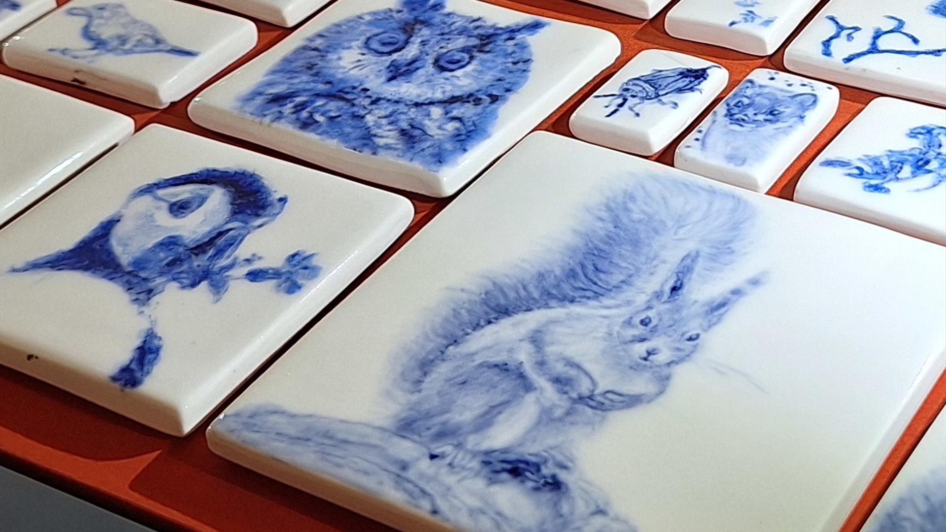 A photograph focussing on the intricate and delicate drawings of animals and plants which have been fired on ceramic tiles. The tiles are white, with