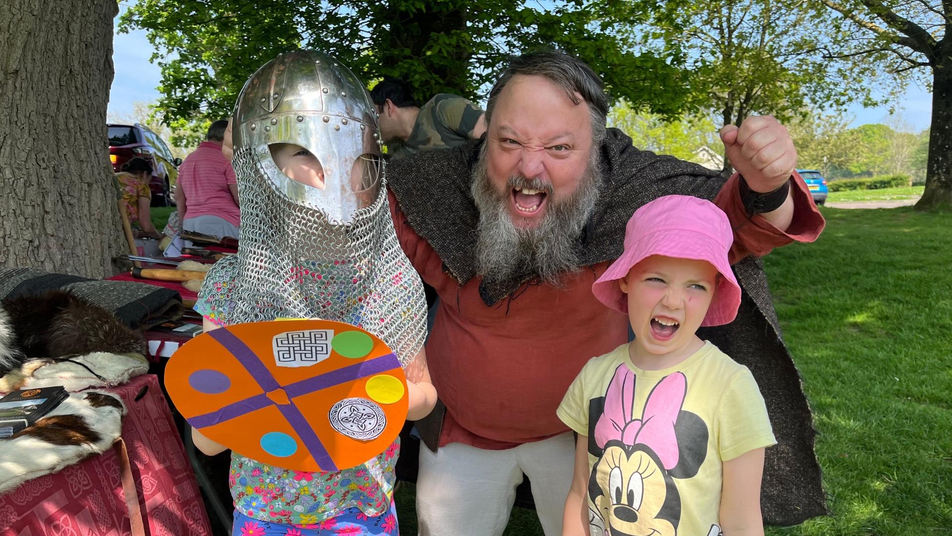 A viking with two children at Delamont Country Park