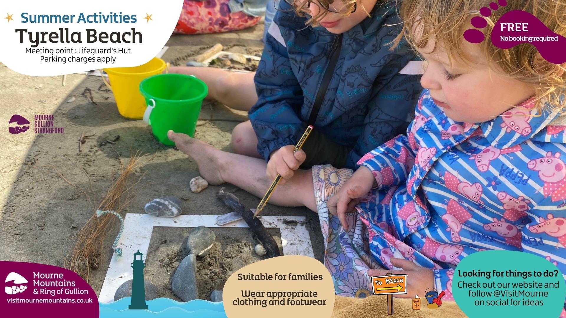 Children making beach art in Mourne Gullion Strangford Geopark.