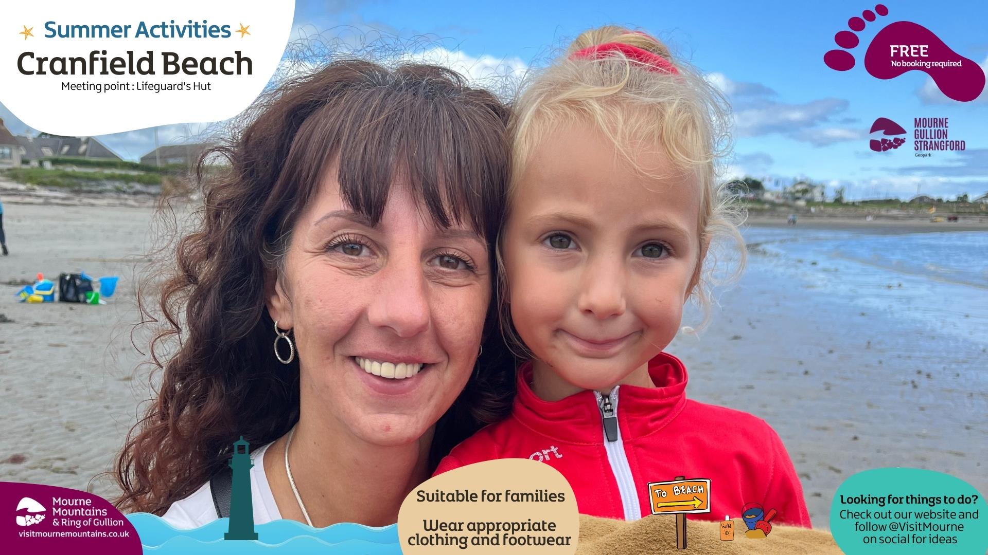 A child and an adult enjoying Summer activities at Cranfield Beach