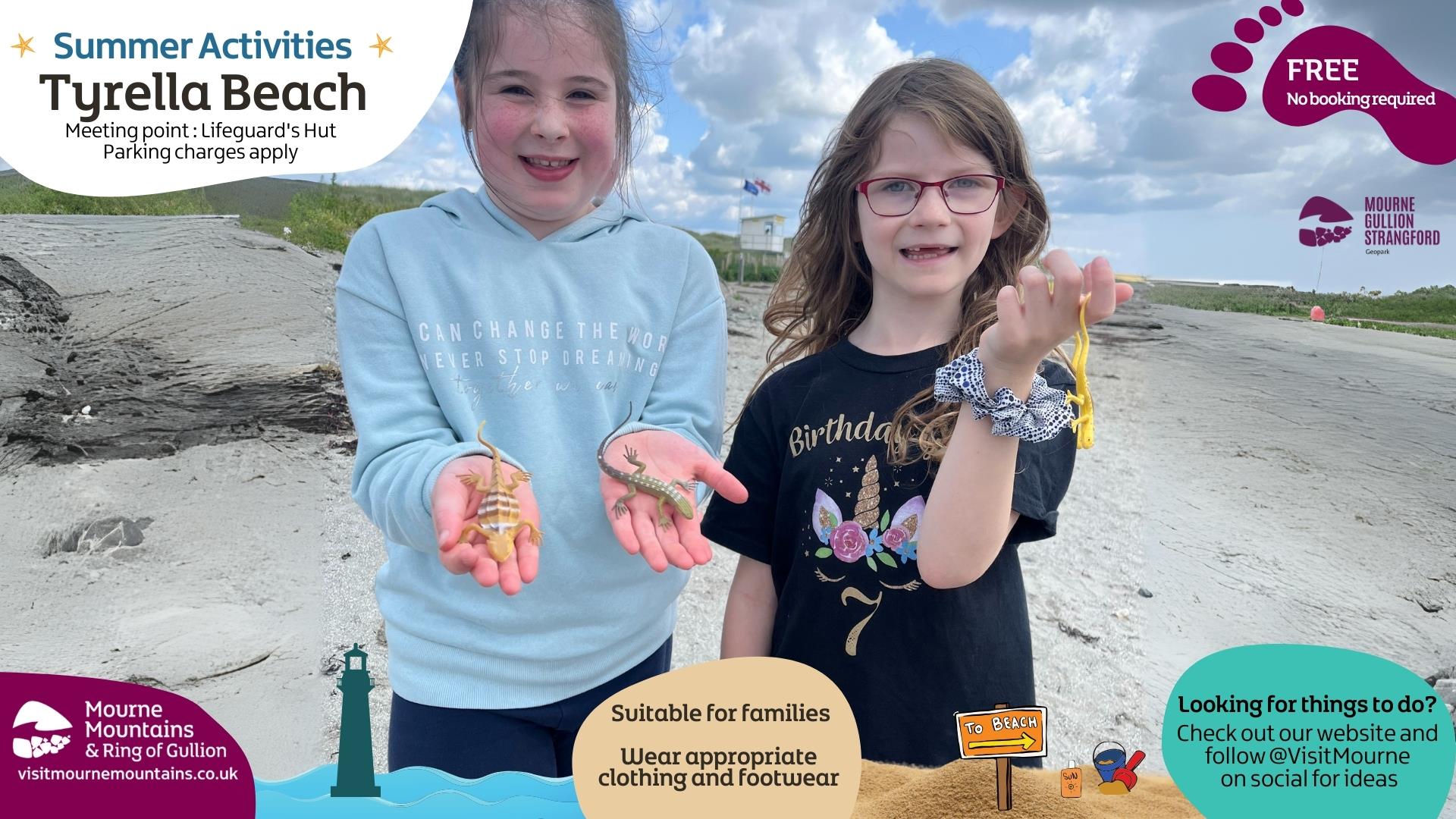 Two girls holding lizards at the beach