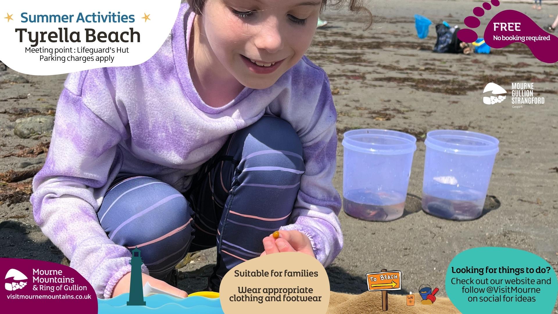 Girl looking closely at something she has found at the beach as part of the Beach Activities