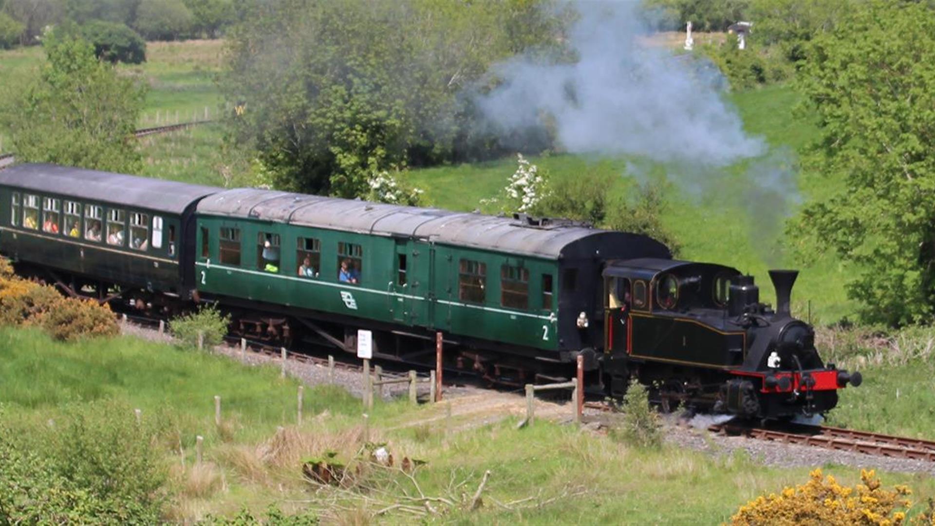 Downpatrick, Northern Ireland: A vintage green steam locomotive from the Downpatrick & County Down Railway, with its boiler reflecting light, standing on tracks in a station setting.