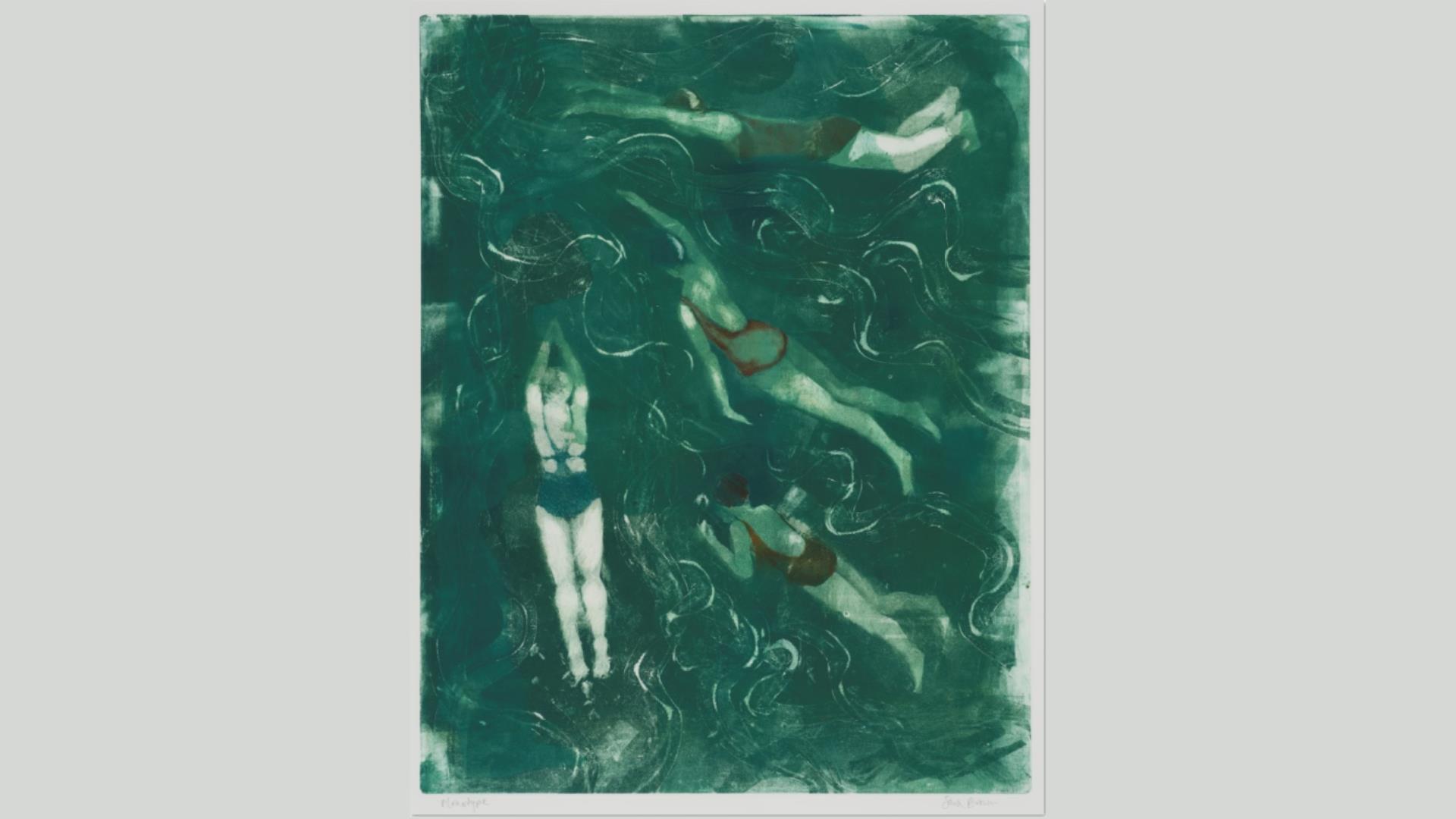 A monotype print by Sara Brown of ladies swimming. It can be seen in the forthcoming exhibition "Connections" at Down Arts Centre from 10 April - 3 Ma