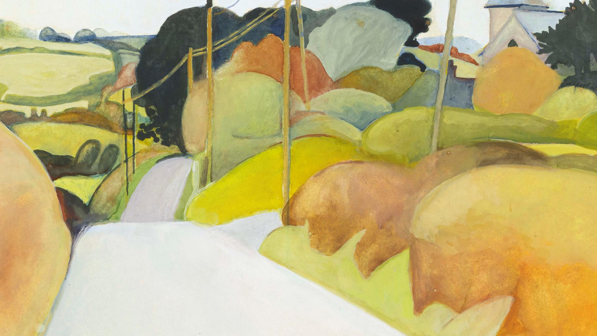 Road from Raholp by Catriona Clarke, a landscape painting showing stylised trees and hedgerows in yellows and oranges and dark greys, next to a white