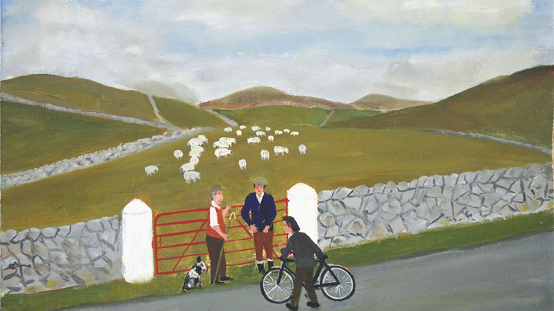 Painting of three men talking next to a gate, with a field of sheep in the background