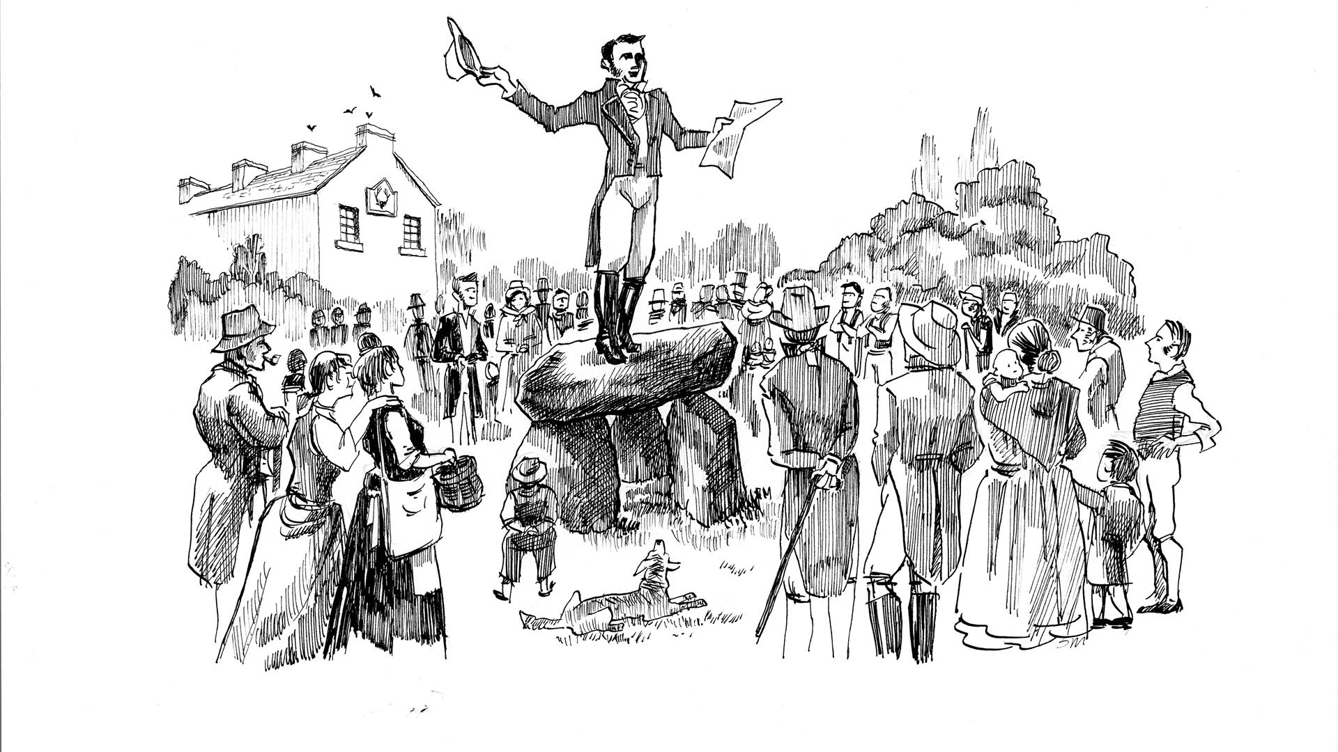 A modern pen and ink drawing showing Thomas Russell making a public address