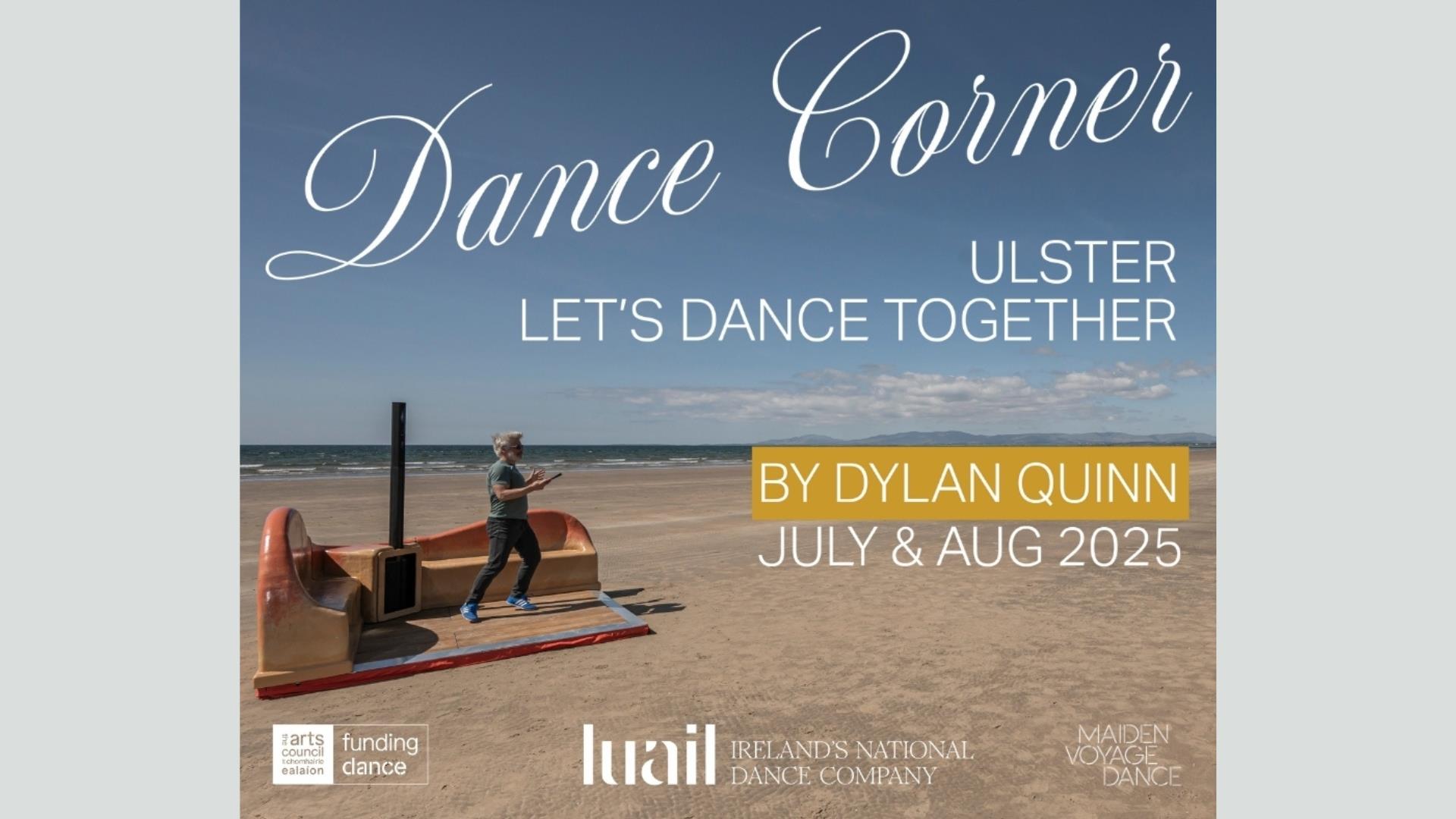 An image of Dylan dancing on his purpose built dance corner, on a sandy beach with the tide on the horizon.