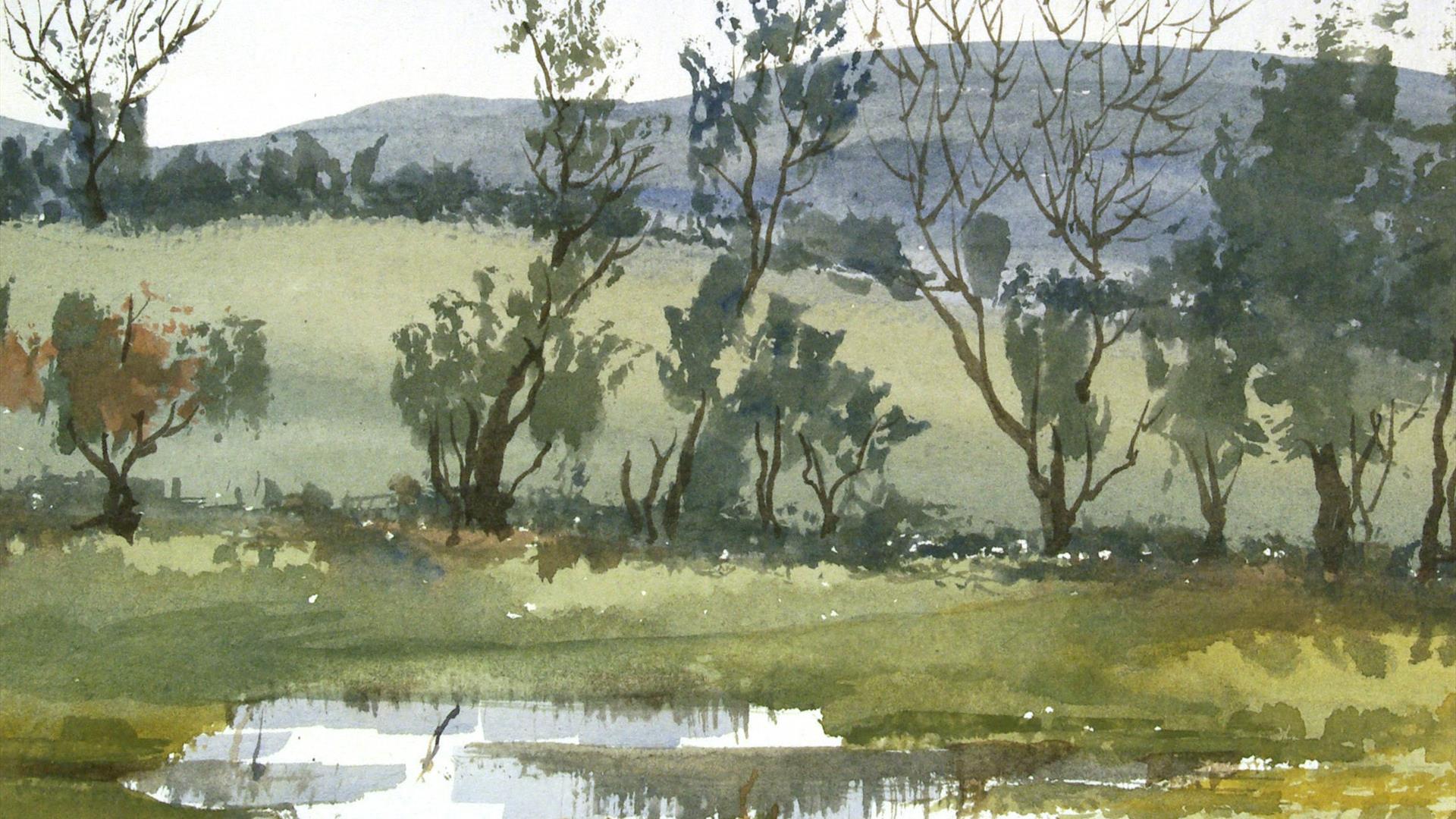 A section of Dympna Kearns' watercolour, Flooded Field, October (1990), showing trees located in a flooded field in Rosconnor