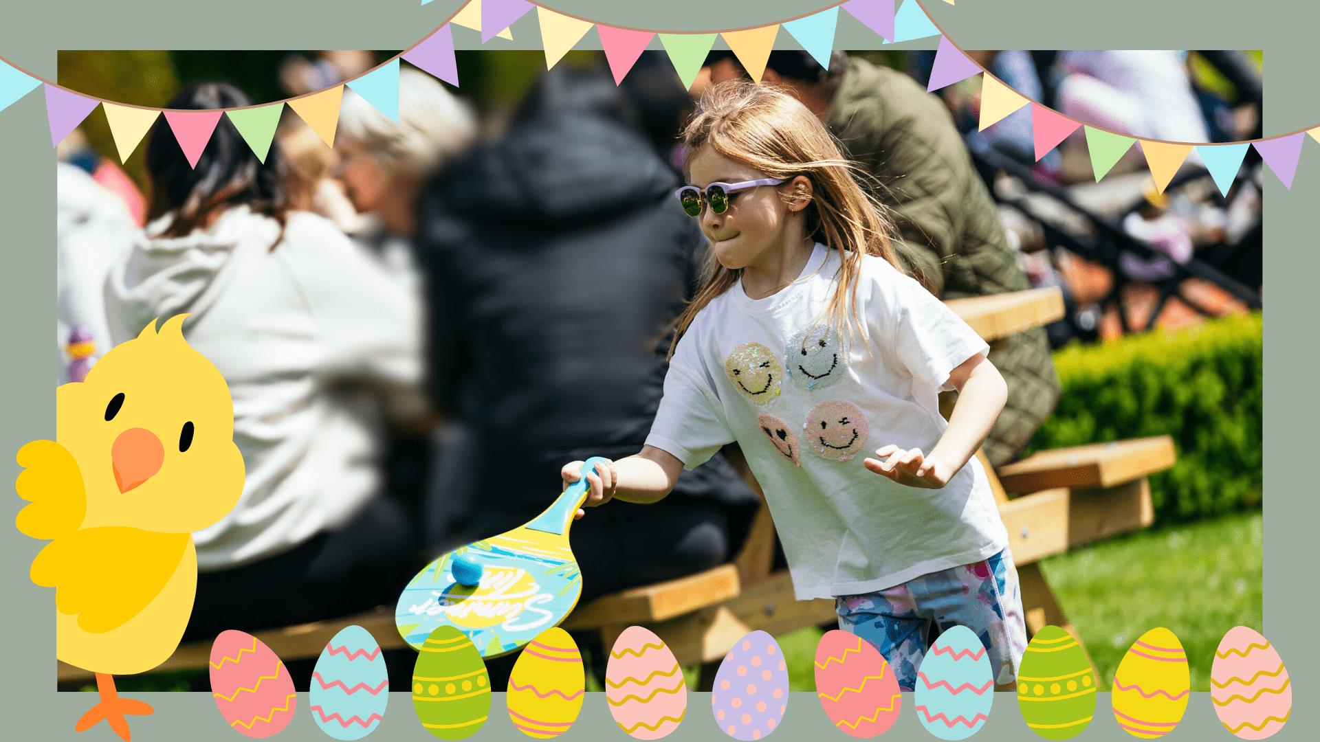 Image of young girl playing bat and ball in Montalto Estate, with Easter animated graphics