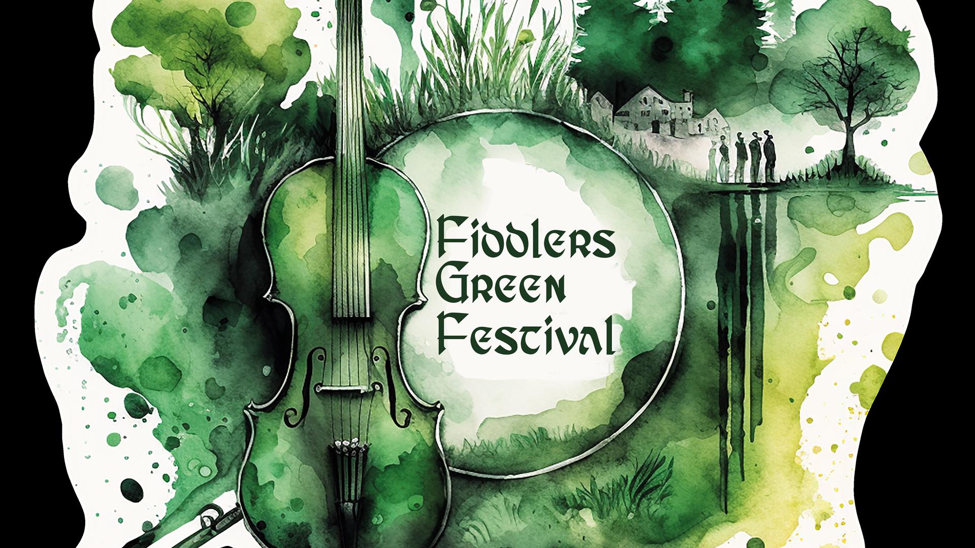 Watercolour-style logo for Fiddler's Green Festival featuring a green violin, trees.