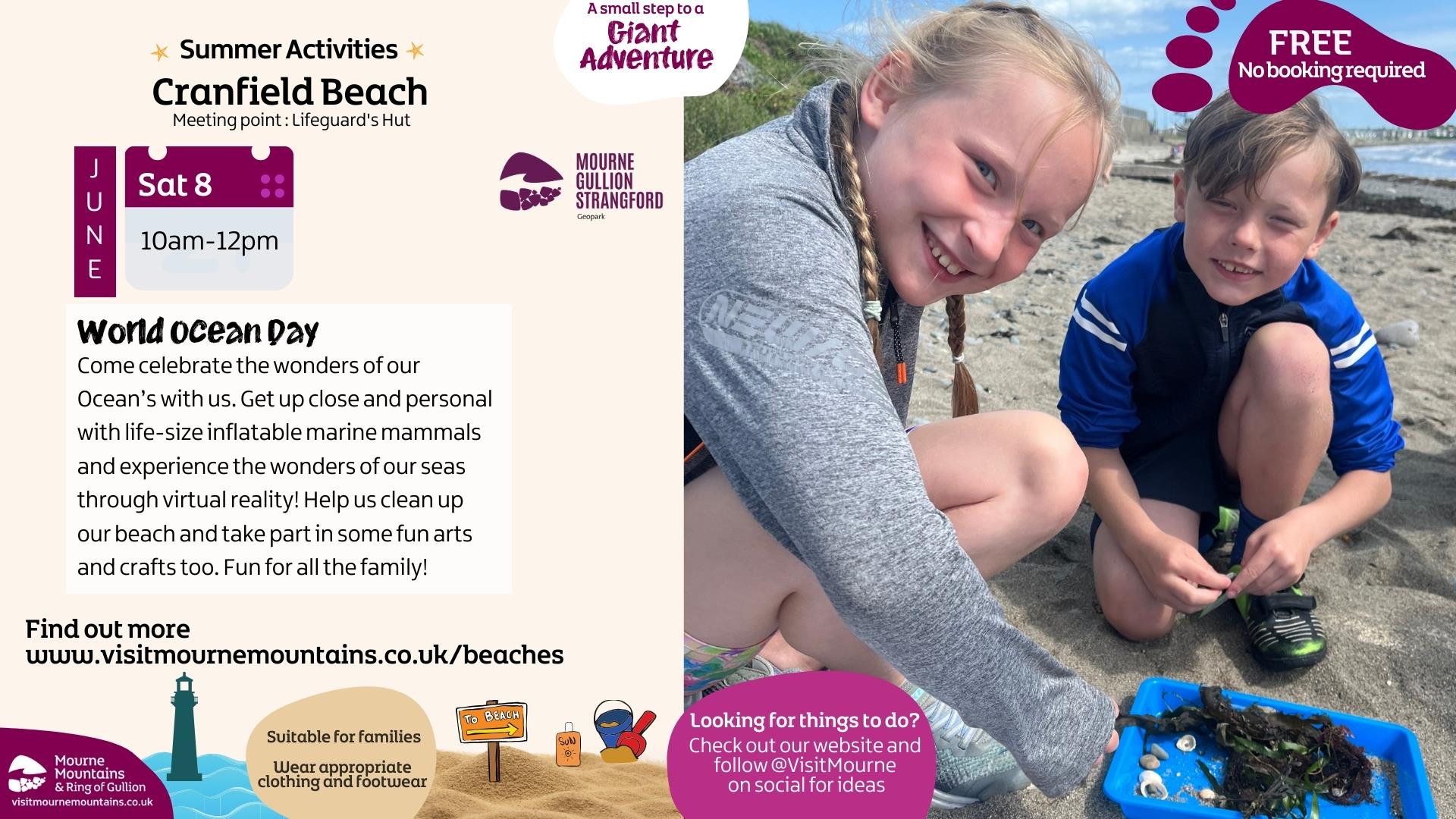 Poster promoting World Ocean Day on Sat 8 June from 10am-12pm at Cranfield Beach. Two children looking through a tray of shells and seaweed found on t