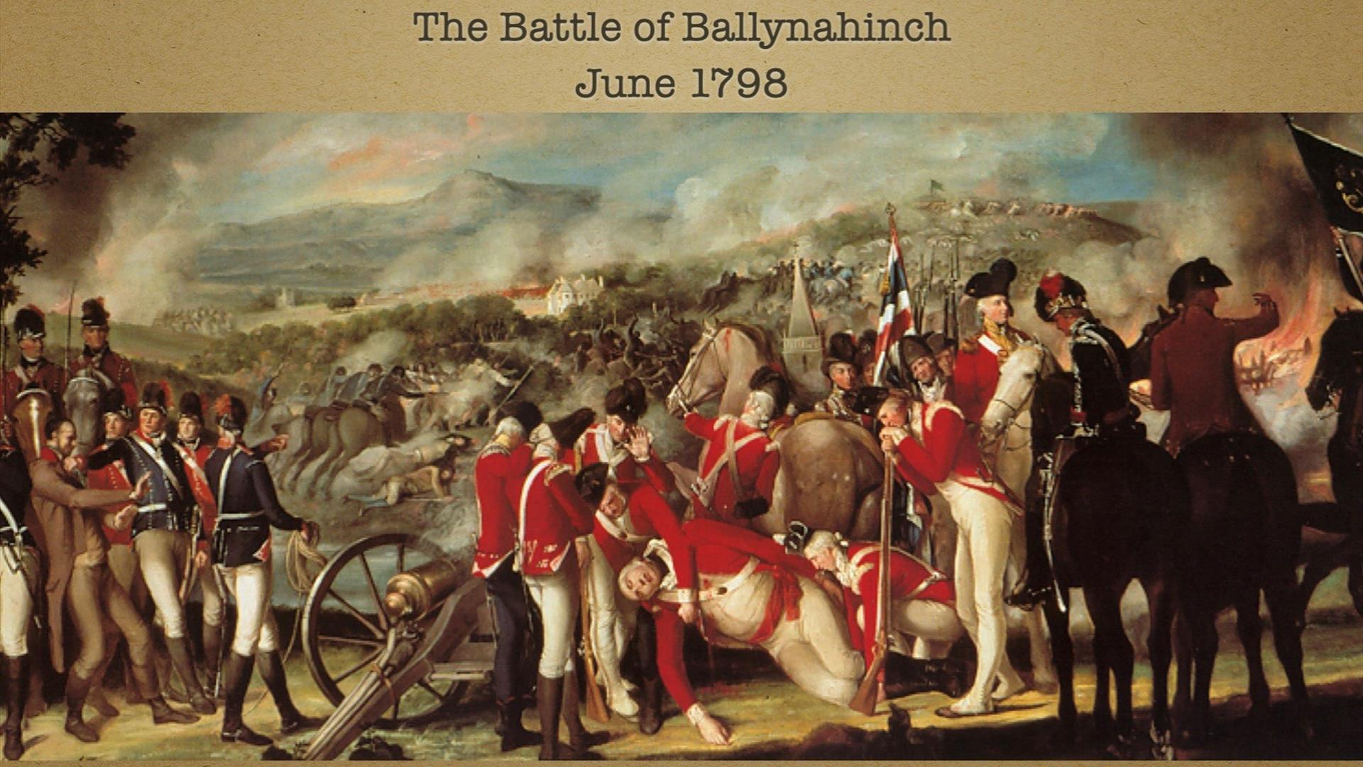 Title screen, showing a reproduction of the Battle of Ballynahinch painting, which shows soldiers in redcoats carrying a man who has been shot in the