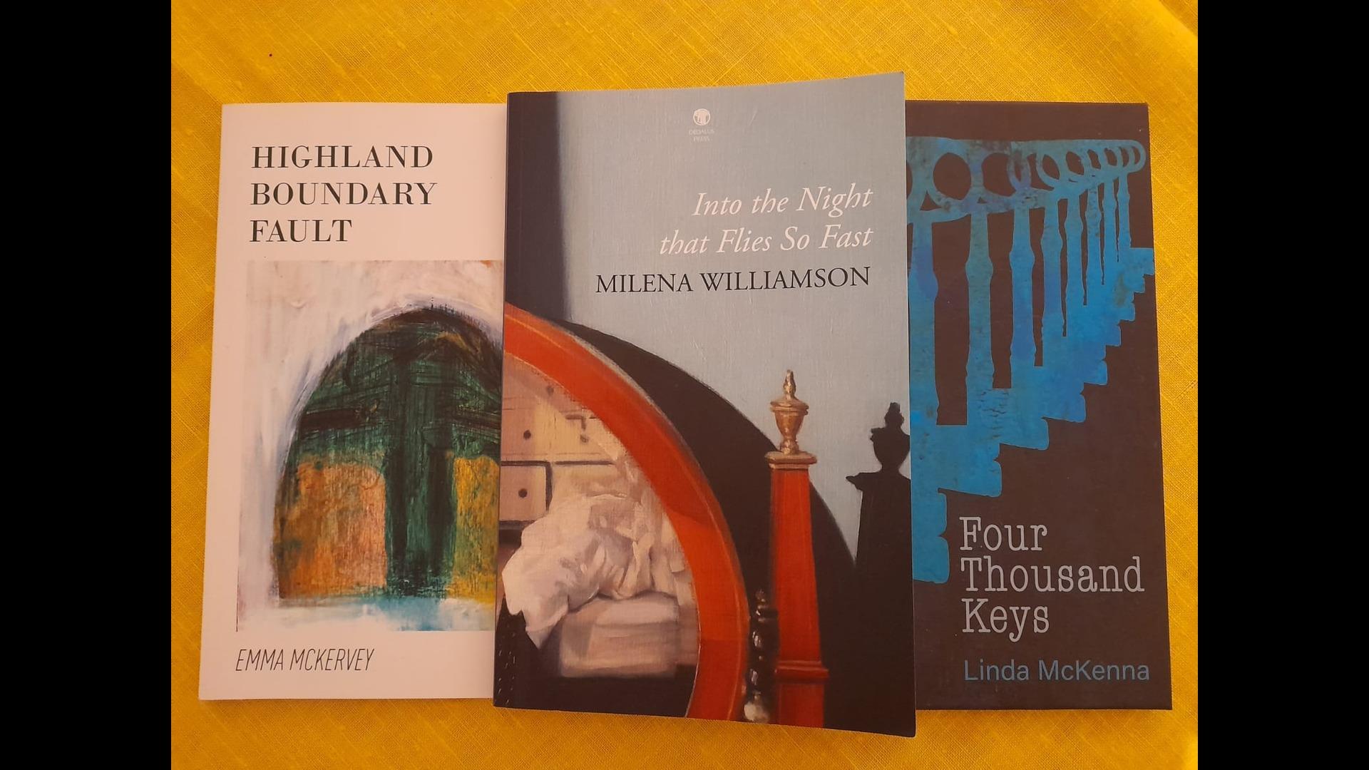 covers of Highland Boundary Fault, Into the Night that Flies so fast and Four Thousand Keys, side by side