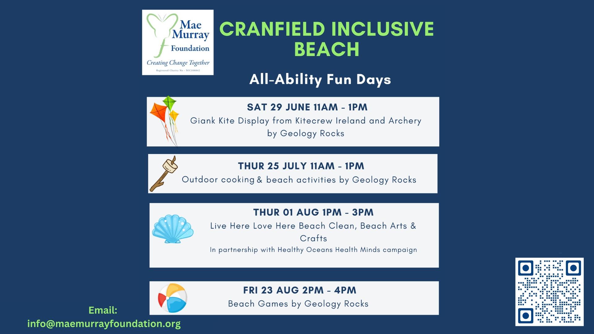 Text promoting fun days at Cranfield Beach with Mae Murray Foundation. 29.06, 25,07, 01.07 and 23.08.