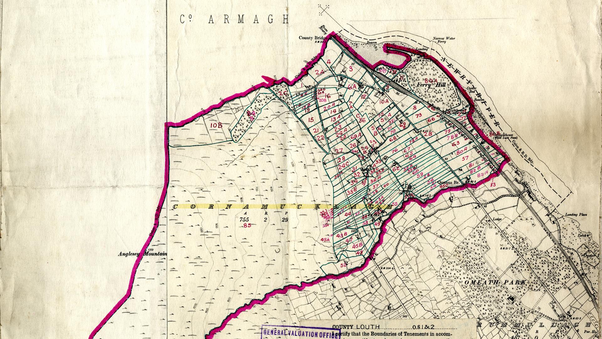 Map prepared after the passing of the 1923 Irish Land Act as part of the vesting of tenancies in the townland of Cornamucklagh in north County Louth.