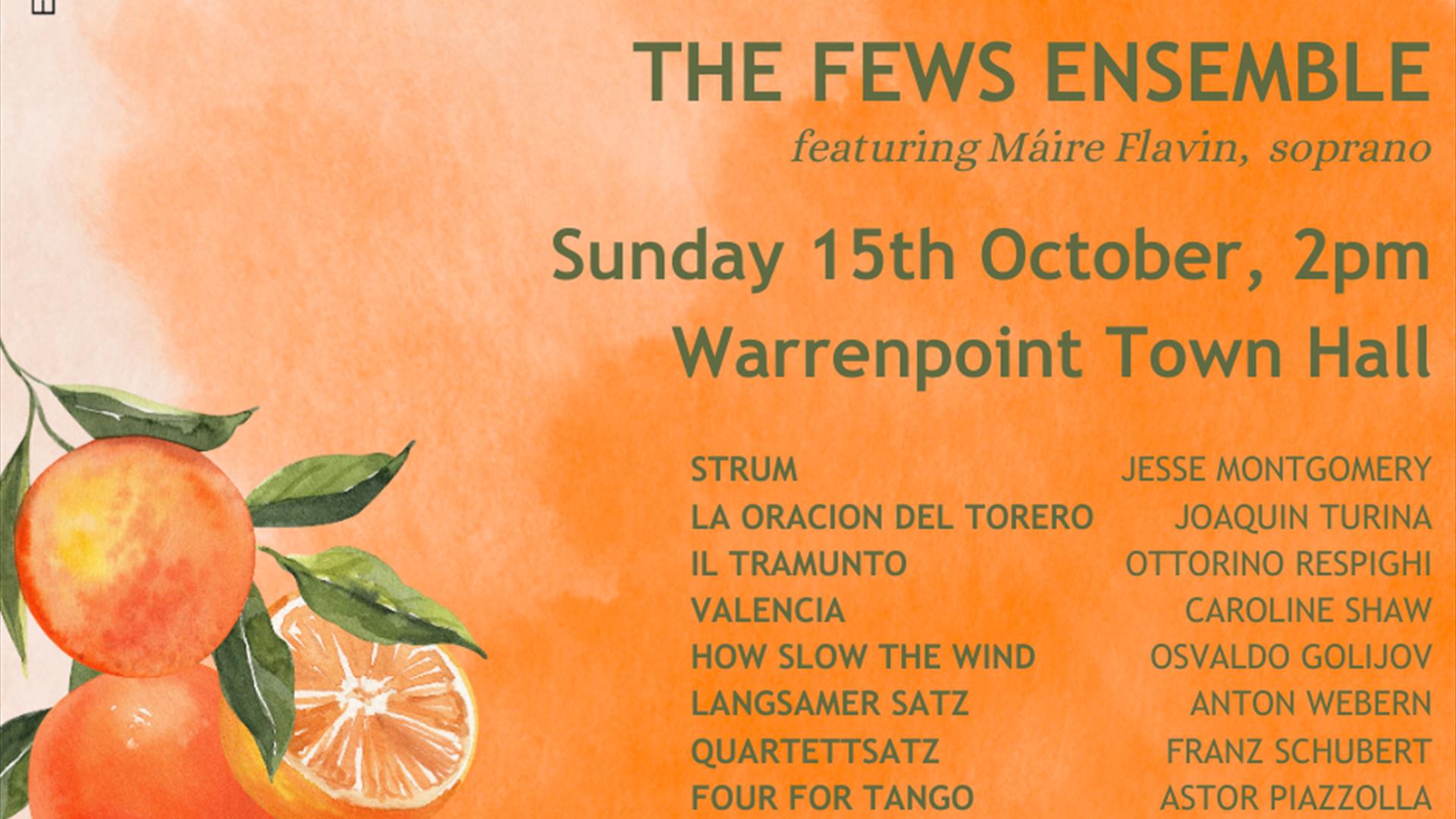 Image of an orange with text reading: Miniatures, The Fews Ensemble. Sunday 15th October, 2pm.